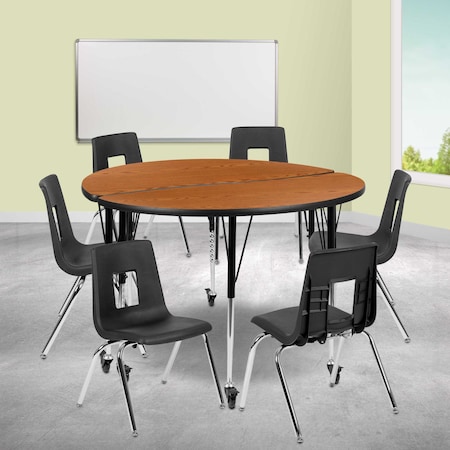 Flash Furniture Mobile 47.5" Circle Wave Oak Table Set-18" Chairs XU-GRP-18CH-A48-HCIRC-OAK-T-A-CAS-GG